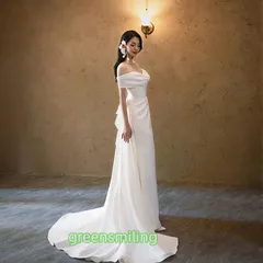 ウェディングドレス 二次会 結婚式 ブライダル ロングドレス サテン オフショルダー スレンダー スリット 前撮り 挙式 花嫁 リゾート