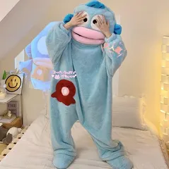 ハンギョドン風 着ぐるみ 冬 パジャマ ルームウェア 連体服 ピエロ魚風 きぐるみ おもしろい フランネル もこもこ 部屋着 寒さ対策 暖かい ハロウィン 仮装 コスプレ 大人用 コスチューム キャラ