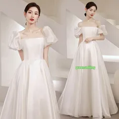 即納 ウェディングドレス ロングドレス Aラインドレス 半袖 二次会 結婚式 前撮り 花嫁 ウエディングドレス サテン フォーマルドレス