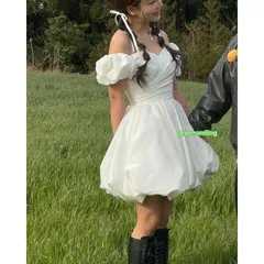 ウェディングドレス ミニ ショート丈 ミニドレス 半袖 バルーン 二次会 結婚式 前撮り 発表会 花嫁 ウエディングドレス