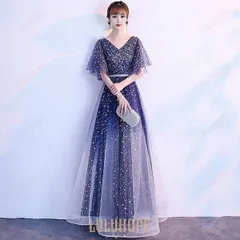 ロングドレス 母親 結婚式 ワンピース 演奏会 袖付き ドレス 大人 ピアノ 発表会 二次会 大きいサイズ ネイビー パーティー S M L XL