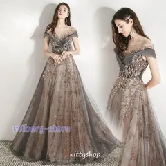 パーティードレス グレー ドレス イブニングドレス ロング丈 半袖 マキシ丈 40代 二次会 お呼ばれドレス 20代 30代 チュール ドレス