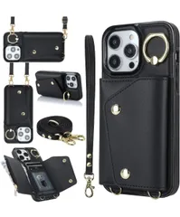 ★スマホカバー アイフォン15 Pro Maxケース 手帳型 PU革 カード収納 小銭入れ スマホケース iphone15 Pro Max手帳型ケース 長ストラップ リング付き iphone 15 Pro Max 携帯カバー 肩がけ 首掛け 斜め掛け-ブラック