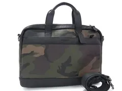 COACH コーチ ビジネスバッグ 2WAY ブリーフケース F59896 カーキ系×ブラック系 レザー メンズ 迷彩柄 カモフラ ショルダーバッグ シルバー金具 美品