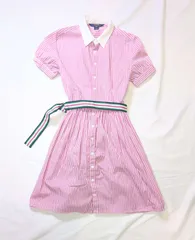【222081】POLO RALPH LAUREN ラルフローレン  キッズ　シャツワンピース　半袖　ストライプ柄　ベルト付き　コットン100％　16　160/84  ・ ピンク