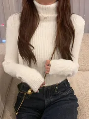 女性用無地タートルネック長袖フィットセーター、秋冬用