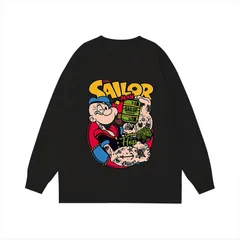 アニメ ポパイ プリント クルーネックスウェットシャツ メンズ 長袖 カジュアル トップス オシャレ 起毛なし ブラック