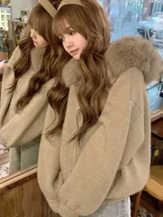 韓国風 高級感あるふわふわ襟付きフーデッドニットカーディガンセーター レディース、ルーズフィット スラウチアウターウェア 秋冬