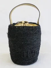 【224280】POLO RALPH LAUREN ラルフローレン  ラフィア　かごバッグ+巾着袋　ハンドル メタリックレザー ブラック/ゴールド