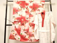 平和屋着物[]七五三　女の子　７歳　祝着　四つ身　長襦袢(無双仕立て・半衿刺繍)セット　刺繍　花蝶文　暈し染め　金彩　逸品　DABA3565ma