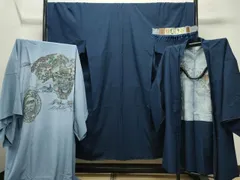 平和屋着物●男性　古代結城紬　アンサンブル・長襦袢セット　霞文　濃藍色　証紙付き　正絹　逸品　未使用　CABB0047gh
