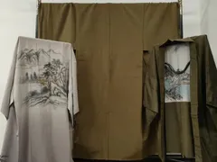 平和屋着物●男性　紬　アンサンブル・長襦袢セット　色無地　朽葉色　羽織：涅色　キングサイズ　正絹　逸品　未使用　CABB4477yc