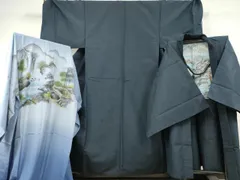 平和屋着物●男性　紬　アンサンブル　長襦袢(袷)セット　色無地　笛紺色　キングサイズ　正絹　逸品　AABF1088cs