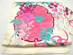 平和屋着物●アンティーク　大正ロマン　九寸名古屋帯　駒刺繍　雪輪枝垂れ藤文　正絹　逸品　CABB9507hy