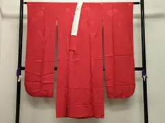 平和屋着物●振袖用長襦袢　無双仕立て　流水糸巻き花地紋　赤色　半衿刺繍　正絹　逸品　CABB0263gh