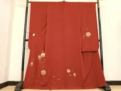 平和屋着物●豪華振袖　駒刺繍　毬　舞花文　紅海老茶色　金糸　正絹　逸品　AABF0379fy