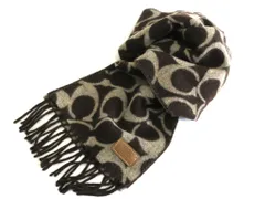 【228806】【メリノウール】 COACH コーチ  シグニチャー柄　WOOL100％マフラー　フリンジ チョコブラウン