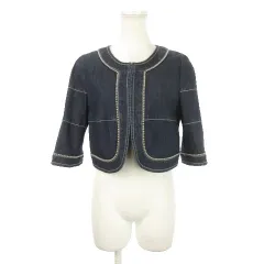 トゥービーシック TO BE CHIC デニムジャケット 40 インディゴブルー ノーカラー 七分袖 縁取り装飾 リボン /AH5 ■GY60