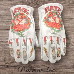 冬用　レザーグローブ　バイク　タトゥー　アメリカン　カスタム　裏起毛　手袋 牛革 冬用 保温綿 裏起毛 レザーグローブ アメリカン バイク ハーレー