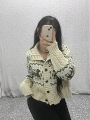 ヴィンテージ 폭닥 華奢 ノルディック カウチン クリーム ニット 編み カーディガン L C07919