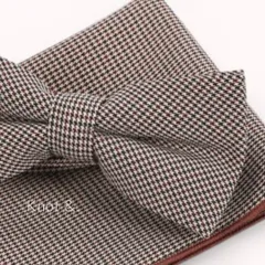 蝶ネクタイ 千鳥格子 ブラウン系 前撮り メンズ フォーマル 2点セット ポケットチーフ チェック柄 結婚式 披露宴 二次会 成人式 撮影 タキシード スーツ 簡単につけられ仕様 上品 クラシック モノトーン おしゃれ 小物 ボウタイ コーデセット シンプル