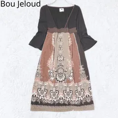 ブージュルード　カットソーワンピース　ベルベット　ブランドロゴ　切り替え　Vネック　フレアスリーブ　Aライン　エレガント　上品　ブラウン系