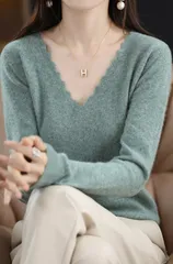 【グリーン】レディース ニット Vネック きれいめ フェミニン 長袖 スカラップ カットソー トップス 秋冬 通勤 オフィス 細見え 上品