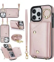 ★アイフォンiphone 12 Pro Max対応スマホケース ケース手帳型 携帯カバー PU革 カード収納 小銭入れ 長ストラップ リング付き 肩がけ 首掛け 斜め掛け-ピンク