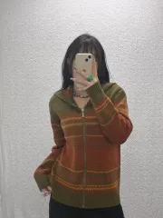 ヴィンテージ カントリー ストライプ バイカラー ニット フード ジップアップ 95 C07936