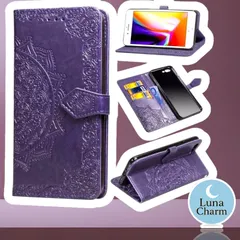 iPhoneケース エンボス加工 スマホケース カード 手帳型 マンダラ パープル 各サイズ 曼荼羅 シンプル 紫 (s)