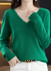 【エメラルド】レディース ニット Vネック きれいめ フェミニン 長袖 スカラップ カットソー トップス 秋冬 通勤 オフィス 細見え 上品