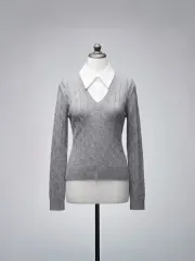 シャツ レイヤード ケーブル編み Vネック ニット