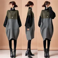 ニットワンピ レディース ニット 即購入OK ワンピース ハイネック 長袖 バブル袖 膝丈 ミディアム丈 配色 体型カバー ゆったり シンプル カ