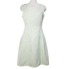 ルネ Rene TISSUE ツイードワンピース ひざ丈 ノースリーブ 34 S相当 ホワイト グリーン /X