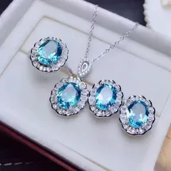 3点セット　丸型　アクセサリー　ネックレス　指輪　ピアス　リング　青い石　人工合成ブルートパーズ