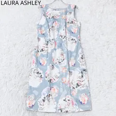 ローラアシュレイ　カットソーワンピース　ノースリーブ　花柄　クルーネック　フレア　総柄　フェミニン　エレガント　上品　華やか　ブルー　サイズ38  Mサイズ相当