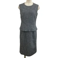 23区 オンワード樫山 ワンピース Iライン 膝丈 千鳥格子 ノースリーブ 38 紺 グレー ネイビー