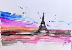 原画#150 黒猫 星空 ベネチア イタリア 水彩画 ドローイング