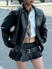 INAWLY 黒 エッジィーバイカー カジュアル ルーズ長袖レザージャケット レディース、秋冬向け