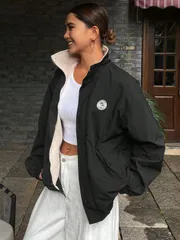 DAZY パターン柄 ルーズフィット 長袖 ハイカラー ジップアップジャケット レディース