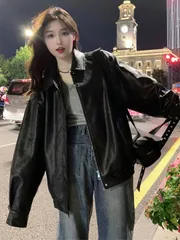2025年新作 黒フェイクレザージャケット、韓国スタイル ルーズ襟 長袖 ライダースジャケット、秋