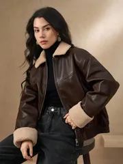 DAZY カジュアル コントラストカラー 襟 PU レディース パデッドコート ジャケット 冬 レザージャケット