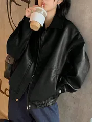 DAZY 女性用カジュアル 無地 長袖 ゆったり ジップアップ PUレザージャケット、秋の女性服、アウター