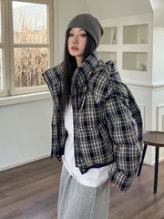 レディース アウター ショート丈ダウン綿入れジャケット 厚手 スタンドカラー チェック柄 フード付きアウター きれいめスタイル トップスアウター カジュアル ファッショナブル 万能搭載 アウトドア 学園風 通勤 ギフト プレゼント 秋冬