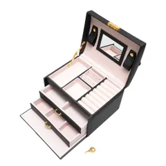 新品 A-ITEM ジュエリーボックス 【大容量の3段タイプ！鍵・鏡付！上品なデザイン】 (ブラック)