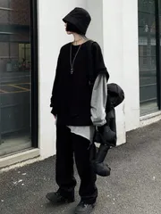 韓国風ストリートファッショナブル レディース &amp; メンズ秋 プラスサイズ 2 ピースセット ルーズラージ 不規則ロングスリーブ 黒?グレー