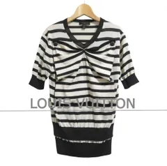 LOUIS VUITTON ルイヴィトン サイズXS 半袖 五分袖 ニット セーター プルオーバー Vネック リボンモチーフ LV ロゴボタン ボーダー柄 ウール ベージュ系×ダークブラウン レディース