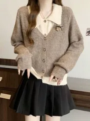 レディース 2025 春秋ツーインワンニット カフェオレ色カラー付き フィットショルダー ストレッチシェイプアップ エレガント &amp; キュー