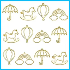 【在庫処分】レジン枠 空枠 フレーム パーツ ゴールド 4種12個 DIY セット uvクラフト 大量 カン付き MUNCVY 熱気球 木馬 傘 虹 イヤリングパーツ カワイイ セッティング アクセサリーパーツ から枠