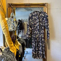 @ ボウタイ リボン 花柄 ワンピース シャツ ロング 長袖 可愛い お呼ばれ　デート　オフィスカジュアル　食事会　ブルー 青 藍色 ネイビー 紺色